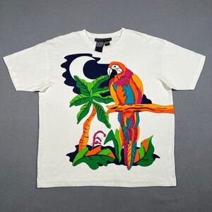 Vintage‎ IB Diffusion T Shirt Womens XL White Beaded Parrot Palm Tree Moon 1992